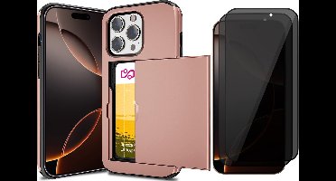 Hoesje met Pasjeshouder geschikt voor iPhone 16 Pro - 2x Privacy Screen Protector FullGuard - Back Cover SlideCase Roségoud & Screenprotector