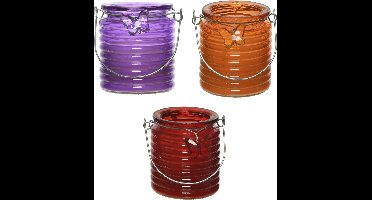 Citronella windlicht met kaars - 3x - paars/oranje en rood - 20 branduren - citrusgeur