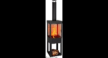 BBQ Collection Houtkachel met Schoorsteen - Tuinhaard 194 x 44 x 47 cm - Terrashaard met Vonkenscherm - Terraskachel met As-Opvangbak en Brandhout Opslag - Houtkachel Tuin - Carbon Staal