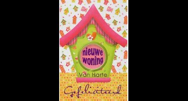 Nieuwe woning! Van harte gefeliciteerd! Een mooie kleurrijke kaart met allemaal kleine huizen om de woning heen. Een leuke kaart om zo te geven of om bij een cadeau te voegen. Een dubbele wenskaart inclusief envelop en in folie verpakt.