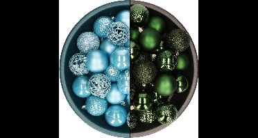 Decoris kerstballen - 74x st - donkergroen en ijsblauw - 6 cm - kunststof