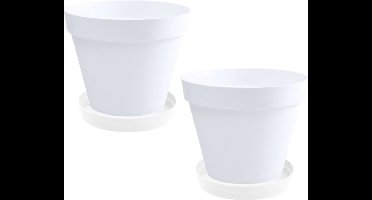 Set van 2x stuks bloempotten Toscane kunststof wit D20 x H17 cm inclusief onderschalen D15 cm - Plantenpotten set