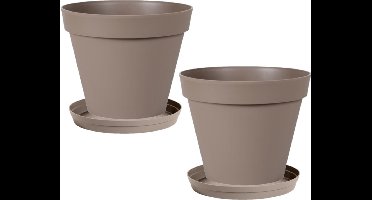 Set van 4x stuks bloempotten Toscane kunststof taupe D30 x H26 cm inclusief onderschalen D23 cm - Plantenpotten set