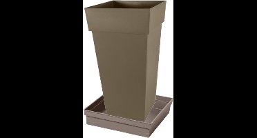Bloempot Toscane vierkant kunststof taupe L43 x B43 x H80 cm met onderschaal L33 x B33 x H5 cm - Bloempotten/plantenpotten set