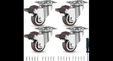 Meubelwielen, zware belasting met rem, 4-delige set, zwenkwielen, rubber, klein, 50 mm, vlak, zware belastingswielen, 108 kg, geruisloos transportwielen met 20 schroeven, 6 schroevendraaierwielen voor meubels, kasten, kribben