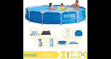 Intex Rond Frame Zwembad - 366 x 76 cm - Blauw - Inclusief Afdekzeil - Onderhoudspakket - Zwembadfilterpomp - Filter - Grondzeil - Solar Mat - Ladder - Voetenbad - 9-delig