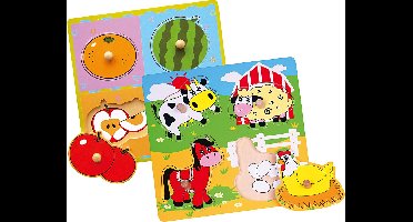 VIGA houten legpuzzels met knoppen, fruit en boerderijdieren, afm 22x22 cm, 2x4 delen, 2 onderdelen/ 1 set