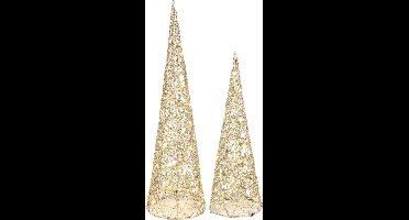 Verlichte LED kegels/kerstboom - 2x st - goud - H40 en H60 cm