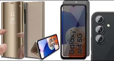 Hoesje geschikt voor Samsung Galaxy A14 - Privacy Screenprotector FullGuard & Camera Lens Screen Protector - Book Case Spiegel Goud
