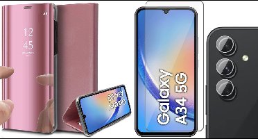 Hoesje geschikt voor Samsung Galaxy A34 - Screenprotector GlassGuard & Camera Lens Screen Protector - Book Case Spiegel Roségoud