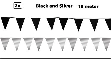 2x Vlaggenlijn Black and Silver party 10 meter - Zwart en zilver - Festival thema feest party verjaardag gala jubileum