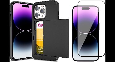 Hoesje met Pasjeshouder geschikt voor iPhone 14 Pro Max - Screen Protector FullGuard - Back Cover SlideCase Zwart & Screenprotector