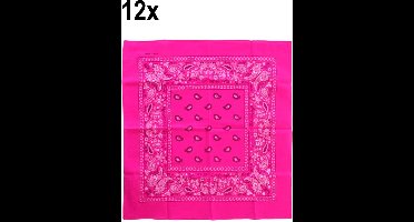 12x Luxe Zakdoek fluor roze met motief 53cm x 53cm - Koffieboon thema feest boeren zakdoek festival