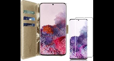 Hoesje geschikt voor Samsung Galaxy S20 - Screen Protector GlassGuard - Book Case Kunstleer Pasjeshouder Goud & Screenprotector
