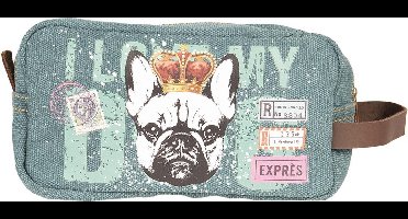 Clayre & Eef Toilettas Dames 23x14x2 cm Groen Canvas Rechthoek Hond Make Up Tasje Make-Up Etui