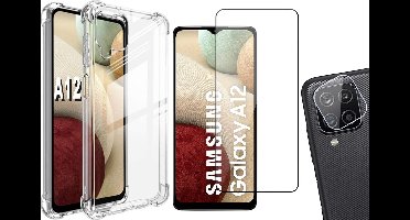 Hoesje geschikt voor Samsung Galaxy A12 - Screenprotector GlassGuard & Camera Lens Screen Protector - Back Cover Case ShockGuard Transparant