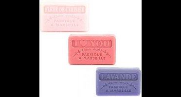 Soap bar set - zeep savon de marseille Kersenbloesem, I love you, Lavendel 3x60 gr.