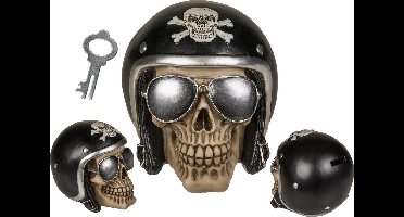 Out of the Blue Doodshoofd Skull schedel spaarpot - Motorhelm zwart - 16 x 13 cm