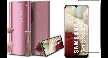 Hoesje geschikt voor Samsung Galaxy A12 - Screen Protector GlassGuard - Book Case Spiegel Roségoud & Screenprotector