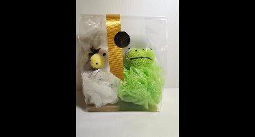 Set van 2 mesh sponzen voor kind of baby in de douche of bad te gebruiken - babygeschenkje- geschenkverpakking