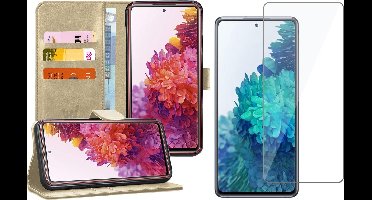 Hoesje geschikt voor Samsung Galaxy S20 FE - Screen Protector GlassGuard - Book Case Kunstleer Pasjeshouder Goud & Screenprotector