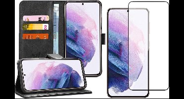 Hoesje geschikt voor Samsung Galaxy S21 - Screen Protector FullGuard - Book Case Kunstleer Pasjeshouder Zwart & Screenprotector