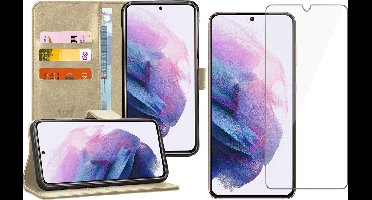 Hoesje geschikt voor Samsung Galaxy S21 - Screen Protector GlassGuard - Book Case Kunstleer Pasjeshouder Goud & Screenprotector