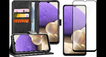 Hoesje geschikt voor Samsung A32 en Screenprotector Book Case Kunstleer Wallet Zwart + Screen Protector Glas Full