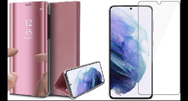 Hoesje geschikt voor Samsung Galaxy S21 Plus - Screen Protector GlassGuard - Book Case Spiegel Roségoud & Screenprotector