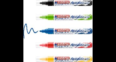 edding 5100 acrylstiften medium - zwart, rood, blauw, geel, geel-groen - set met 5 acrylkleuren (basis) - medium ronde punt 2-3 mm - acrylverf voor schilderen op canvas, hout - acrylstiften, watervast