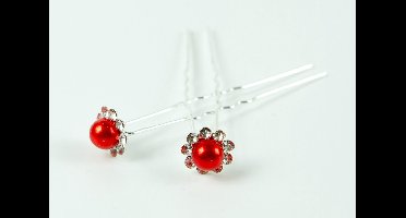 Haarpinnen parel rood met strass.