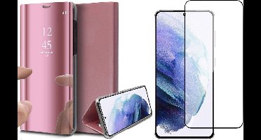 Hoesje geschikt voor Samsung S21 Plus en Screenprotector - Spiegel Book Case Cover Hoes Rosegoud + Screen Protector Glas Full