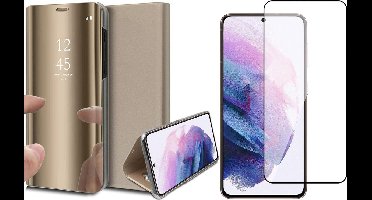 Hoesje geschikt voor Samsung Galaxy S21 - Screen Protector FullGuard - Book Case Spiegel Goud & Screenprotector