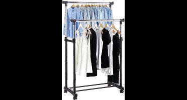 Wooners® - Dubbel kledingrek | Op wieltjes | 1 stuk | Verstelbaar in 3 hoogtes 110 cm - 135 cm - 160 cm | 2 stangen | 2 laags | Garderoberek | Hangrek met schoenrek | Mobiele kapstok | Staand | Verrijdbaar | Zwart metaal