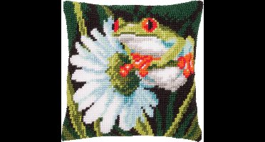 Kruissteekkussen kit Roodoogboomkikker met bloem - Vervaco - PN-0145755