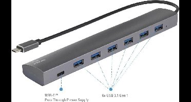 Renkforce RF-3374946 USB-hub 6 + 1 poorten USB-A USB 3.2 Gen1 5 GBit/s Met Pass-Through stroomaansluiting, Met aluminiu