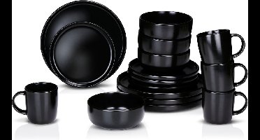 alpina Serviesset 4 Persoons - Aardewerk Servies 16-Delig - Bordenset met Ontbijtborden, Dinerborden, Kommen en Mokken - Servies Set Magnetron en Vaatwasser Bestendig - Zwart