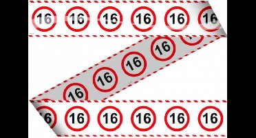 Folat Markeerlint/afzetlint 16 jaar versiering - 3x stuks - met stop borden print - 15 meter - plastic - feestartikelen - versiering