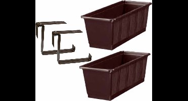 Set van 2 kunststof plantenbakken bruin rechthoekig 40 cm met 2 verstelbare railing beugels