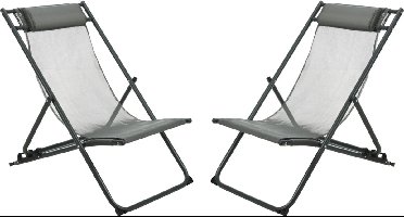 Niceey Ligstoel - Met Hoofdkussen - Strandstoel - Set van 2 - Donkergrijs