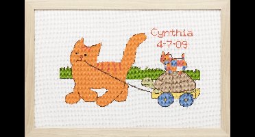 Pako Borduurpakket - Geboorte - telpatroon met codekaart - geboortetegel Dikkie Dik de ondeugende rode kater, Jet Boeke -272.001 - voorgesorteerd garen - Aida - 30 x 18 cm - DIY kit