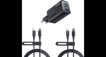 Anker 735 (GaNPrime 65 W) USB-C-oplader + 2-pack Anker 544 Bio-Based (140W) USB-C naar USB-C Kabel 1.8 Meter Zwart