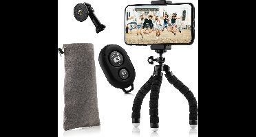 MOJOGEAR Flexibel mini-statief KIT: met telefoonhouder, bluetooth remote, GoPro-adapter & opbergzakje - tot 18 cm hoogte - Zwart