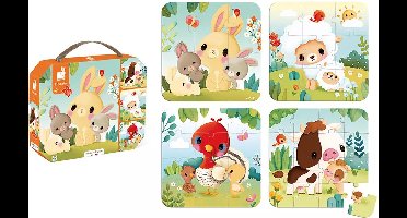 Janod - Kartonnen puzzel - 4 Boerderij Puzzels 6, 9, 12 en 16 Stukjes