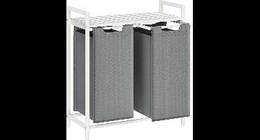 Hoppa! - Wasmand - 2 compartimenten, uittrekbare en verwijderbare waszakken - Metalen frame - 2 x 46 L - Wit & lichtgrijs