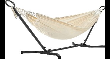 Hoppa! - Dubbele Hangmat met Metalen Standaard - Zwart/Beige - Afmetingen 300 x 90 x 95 cm