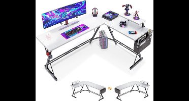 Gamingtafel in L-vorm met ronde hoek, wit, 167 x 120 cm. Hoekbureau met monitorplank, ideaal voor gaming