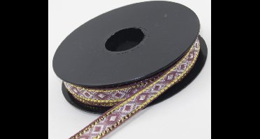 5 Meter JACQUARD LINT/GEWEVEN LINT met Geometrisch Motief en GOUDEN Stiksels, Breedte 12MM, Kleur BORDEAUX