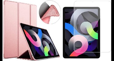 Hoes geschikt voor iPad Air 2022 / 2020 10.9 inch - Trifold Smart Book Case Cover Kunstleer Hoesje Roségoud - Tempered Glass Screenprotector