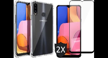 Hoesje geschikt voor Samsung Galaxy A20s - 2x Screen Protector FullGuard - Back Cover Case ShockGuard Transparant & Screenprotector